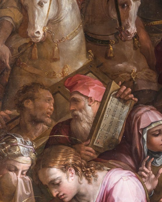 Giorgio Vasari, "Andata al Calvario e l’incontro con la Veronica", particolare, 1572, olio su tavola, dopo il restauro. Firenze, Santa Croce, navata destra Giorgio Vasari, "Andata al Calvario e l’incontro con la Veronica", particolare, 1572, olio su tavola, dopo il restauro. Firenze, Santa Croce, navata destra