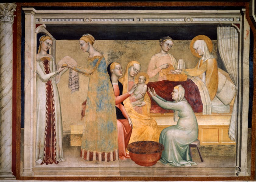 Giovanni da Milano, "Nascita della Vergine", scena delle "Storie della Vergine", 1359-1366 circa, affresco. Firenze, Santa Croce, sagrestia, cappella Rinuccini