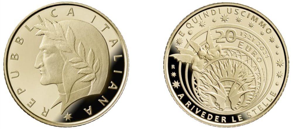 Moneta in onore di Dante, realizzata dall'artista Claudia Momoni, emessa dal Ministero dell’Economia e delle Finanze nell’ambito della Collezione Numismatica 2021