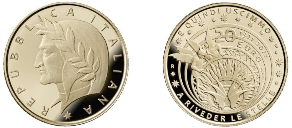 Moneta in onore di Dante, realizzata dall'artista Claudia Momoni, emessa dal Ministero dell’Economia e delle Finanze nell’ambito della Collezione Numismatica 2021 Moneta in onore di Dante, realizzata dall'artista Claudia Momoni, emessa dal Ministero dell’Economia e delle Finanze nell’ambito della Collezione Numismatica 2021