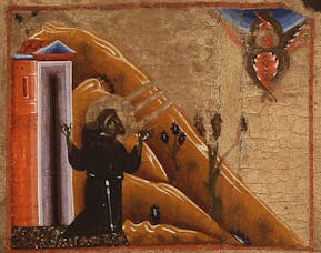 Coppo di Marcovaldo, "San Francesco riceve le stimmate, particolare da "San Francesco e venti storie della sua vita" ("Tavola Bardi"), 1245-1250. Basilica di Santa Croce, transetto