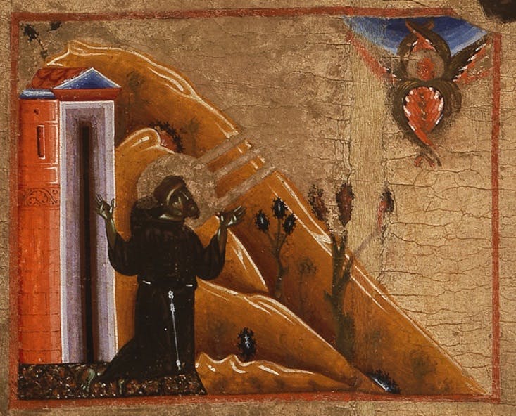 Coppo di Marcovaldo, “San Francesco riceve le stimmate”, scena di “San Francesco e venti storie della sua vita” (“Tavola Bardi”), 1245-1250, tempera su tavola. Firenze, Santa Croce, transetto Coppo di Marcovaldo, “San Francesco riceve le stimmate” (scena tratta dalla Tavola Bardi)