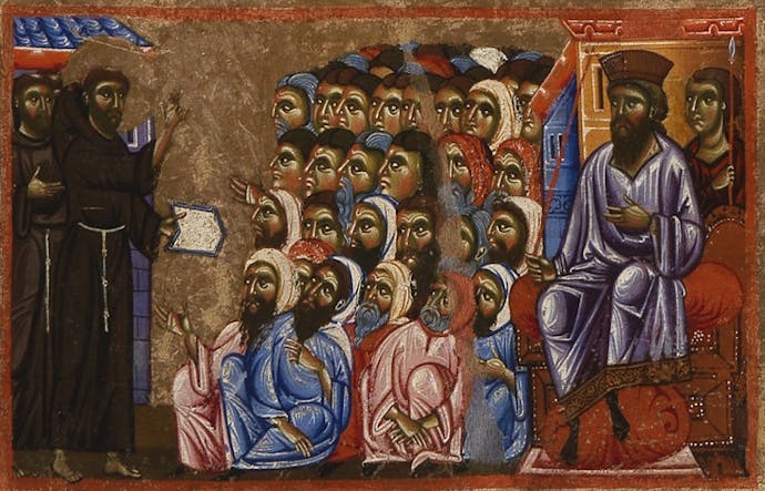 Coppo di Marcovaldo, “San Francesco predica ai musulmani davanti al Sultano”, scena di “San Francesco e venti storie della sua vita” (“Tavola Bardi”), 1245-1250, tempera su tavola. Firenze, Santa Croce, transetto Coppo di Marcovaldo, “San Francesco predica ai musulmani davanti al Sultano” (scena tratta dalla Tavola Bardi)