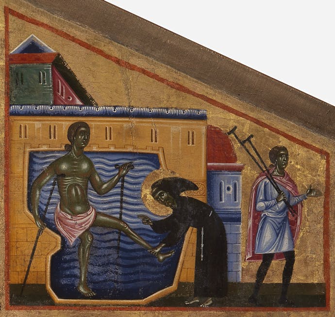 Coppo di Marcovaldo, “San Francesco guarisce dalla gotta Bartolomeo da Narni”, scena di “San Francesco e venti storie della sua vita” (“Tavola Bardi”), 1245-1250, tempera su tavola. Firenze, Santa Croce, transetto Coppo di Marcovaldo, “San Francesco guarisce dalla gotta Bartolomeo da Narni” (scena tratta dalla Tavola Bardi)