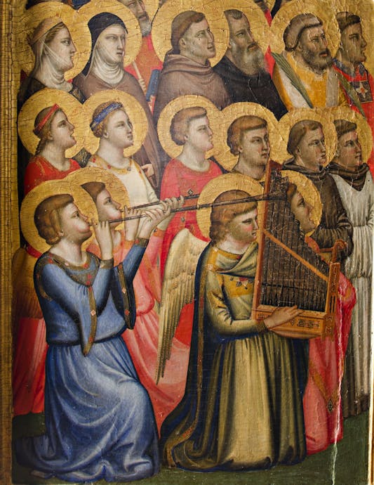 Giotto, “Angeli musicanti”, particolare della “Incoronazione della Vergine tra angeli e santi (Polittico Baroncelli)", dopo il 1328, tempera su tavola. Firenze, Santa Croce, transetto destro, cappella Baroncelli Giotto, “Angeli musicanti”, particolare dal Polittico Baroncelli