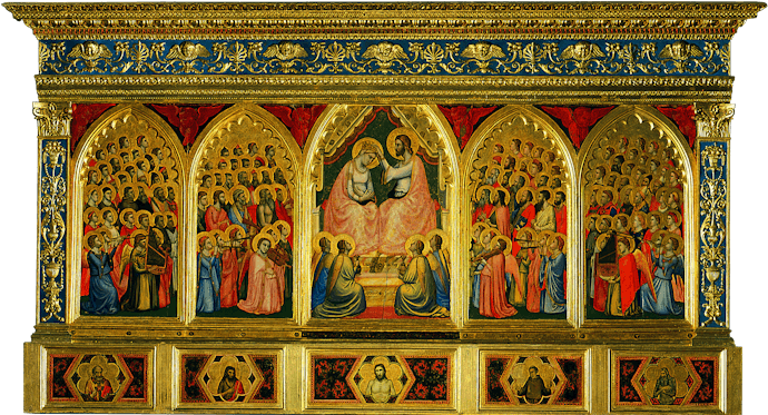 Giotto, “Incoronazione della Vergine tra angeli e santi (Polittico Baroncelli)", dopo il 1328, tempera su tavola. Firenze, Santa Croce, transetto destro, cappella Baroncelli Giotto, “Incoronazione della Vergine tra angeli e santi (Polittico Baroncelli)", dopo il 1328, tempera su tavola. Firenze, Santa Croce, transetto destro, cappella Baroncelli