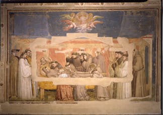 Giotto, "Morte di san Francesco, la cui anima viene portata in cielo dagli angeli; verifica delle stimmate da parte dell’incredulo Girolamo", scena delle "Storie di san Francesco", 1317-1321 circa, affresco. Firenze, Santa Croce, transetto destro, cappella Bardi
