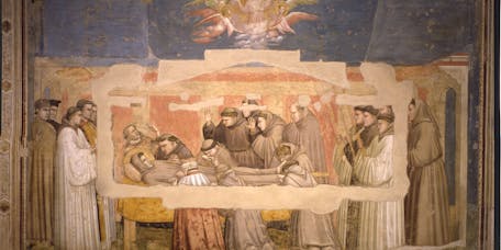 Giotto, "Morte di san Francesco, la cui anima viene portata in cielo dagli angeli; verifica delle stimmate da parte dell’incredulo Girolamo", scena delle "Storie di san Francesco", 1317-1321 circa, affresco. Firenze, Santa Croce, transetto destro, cappella Bardi Giotto, "Morte di san Francesco, la cui anima viene portata in cielo dagli angeli; verifica delle stimmate da parte dell’incredulo Girolamo", scena delle "Storie di san Francesco", 1317-1321 circa, affresco. Firenze, Santa Croce, transetto destro, cappella Bardi