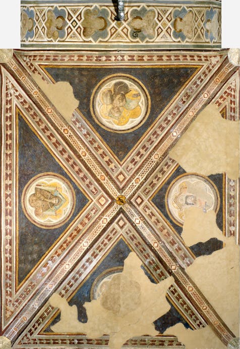 Giotto, “Obedience; Poverty; Chastity; fragmentary figure” (vault), “Eight busts of saints” (archivolt), c. 1317-1321, fresco. Florence, Santa Croce, right transept, Bardi Chapel The ceiling of Bardi chapel, painted by Giotto in Santa Croce