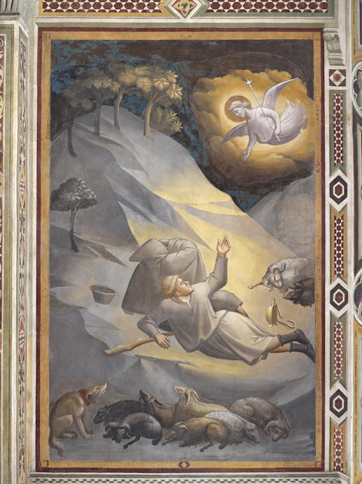 Taddeo Gaddi, “Adorazione dei pastori” scena delle “Storie della Vergine e dell’infanzia di Gesù”, 1328-1330, affresco. Firenze, Santa Croce, transetto destro, cappella Baroncelli Taddeo Gaddi, “Adorazione dei pastori” scena delle “Storie della Vergine e dell’infanzia di Gesù”, 1328-1330, affresco. Firenze, Santa Croce, transetto destro, cappella Baroncelli