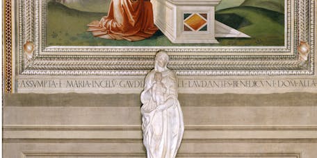 Sebastiano Mainardi, “Madonna della Cintola”, 1485-1490 circa, affresco. Vincenzo Danti, “Madonna col bambino”, 1568, marmo. Firenze, Santa Croce, transetto destro, cappella Baroncelli, parete destra Sebastiano Mainardi, “Madonna della Cintola”, 1485-1490 circa, affresco. Vincenzo Danti, “Madonna col bambino”, 1568, marmo. Firenze, Santa Croce, transetto destro, cappella Baroncelli, parete destra