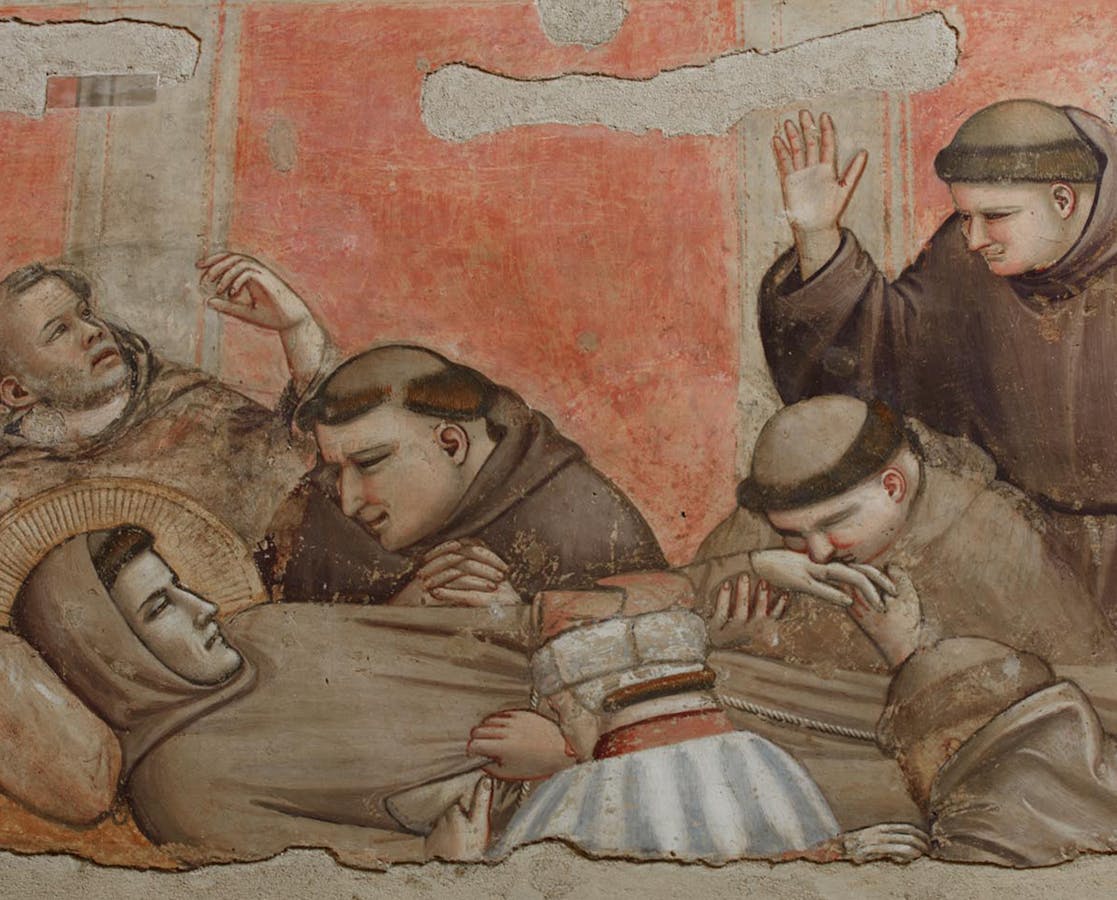 Giotto, "Morte di san Francesco, la cui anima viene portata in cielo dagli angeli; verifica delle stimmate da parte dell’incredulo Girolamo", particolare delle "Storie di san Francesco", 1317-1325, affresco. Firenze, Santa Croce, transetto destro, cappella Bardi