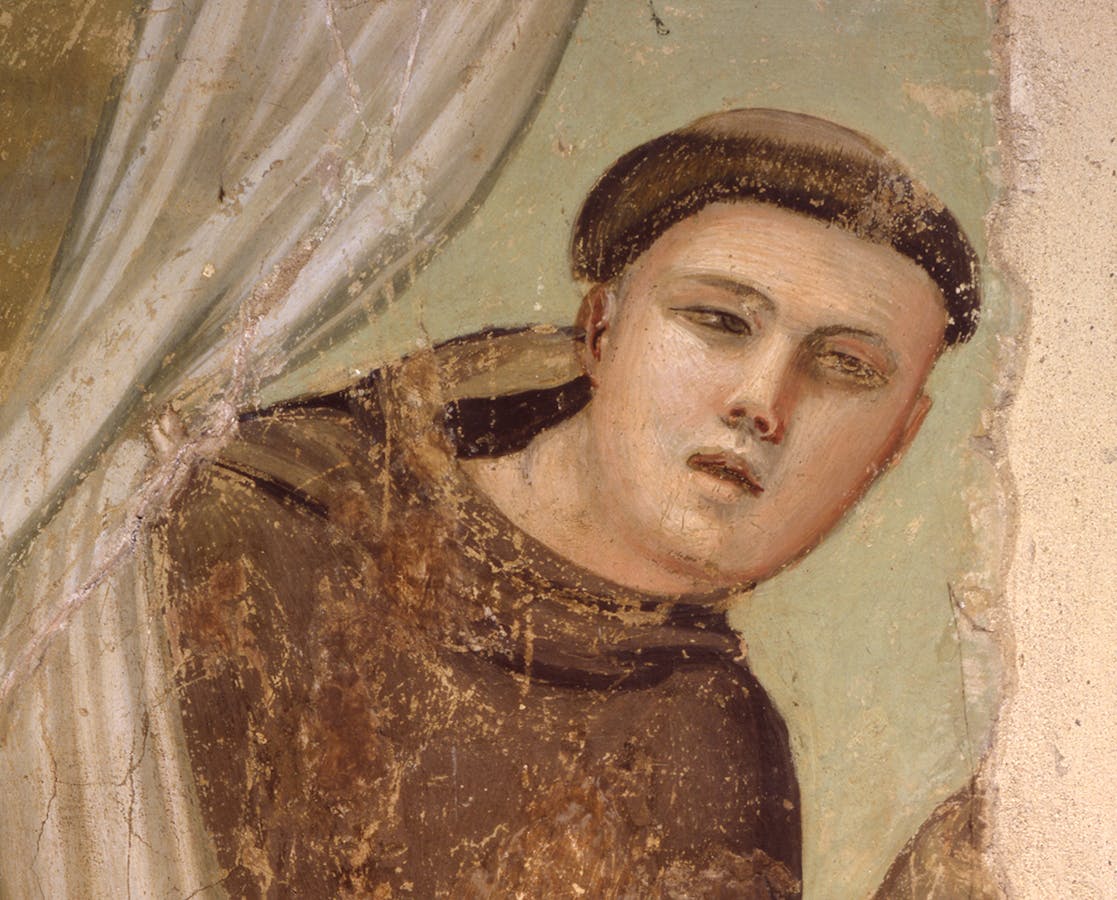 Giotto, “San Francesco appare a frate Agostino e al vescovo Guido di Assisi ", particolare delle "Storie di san Francesco", 1317-1325, affresco. Firenze, Santa Croce, transetto destro, cappella Bardi Giotto, “San Francesco appare a frate Agostino e al vescovo Guido di Assisi ", particolare delle "Storie di san Francesco", 1317-1325, affresco. Firenze, Santa Croce, transetto destro, cappella Bardi
