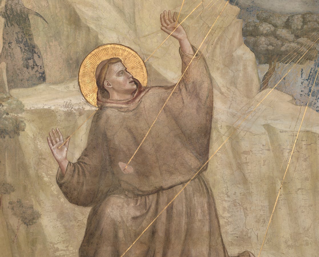 Giotto, “San Francesco riceve le stimmate”, scena delle “Storie di san Francesco”, 1317-1325, affresco. Firenze, Santa Croce, transetto destro, sopra l’arco d’ingresso della cappella Bardi Giotto, “San Francesco riceve le stimmate”, scena delle “Storie di san Francesco”, 1317-1325, affresco. Firenze, Santa Croce, transetto destro, sopra l’arco d’ingresso della cappella Bardi