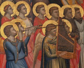 Giotto, “Angeli musicanti”, particolare della “Incoronazione della Vergine tra angeli e santi (Polittico Baroncelli)", dopo il 1328, tempera su tavola. Firenze, Santa Croce, transetto destro, cappella Baroncelli