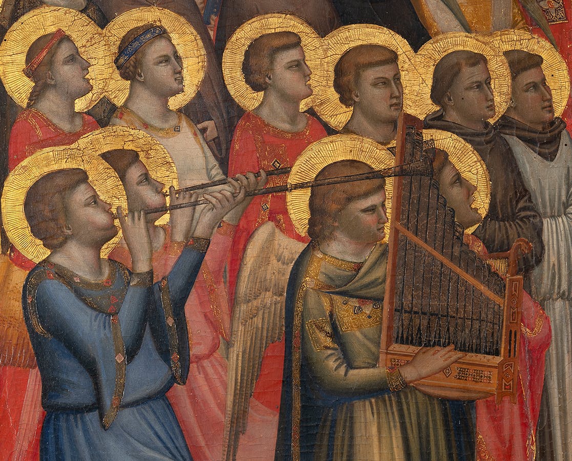 Giotto, “Angeli musicanti”, particolare della “Incoronazione della Vergine tra angeli e santi (Polittico Baroncelli)", dopo il 1328, tempera su tavola. Firenze, Santa Croce, transetto destro, cappella Baroncelli