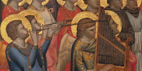 Giotto, “Angeli musicanti”, particolare della “Incoronazione della Vergine tra angeli e santi (Polittico Baroncelli)", dopo il 1328, tempera su tavola. Firenze, Santa Croce, transetto destro, cappella Baroncelli Giotto, “Angeli musicanti”, particolare della “Incoronazione della Vergine tra angeli e santi (Polittico Baroncelli)", dopo il 1328, tempera su tavola. Firenze, Santa Croce, transetto destro, cappella Baroncelli