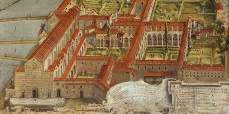 Pittore fiorentino, “Veduta a volo d’uccello del complesso di Santa Croce”, particolare, 1718, olio su tela. Firenze, Santa Croce, museo Pittore fiorentino, “Veduta a volo d’uccello del complesso di Santa Croce”, particolare, 1718, olio su tela. Firenze, Santa Croce, museo