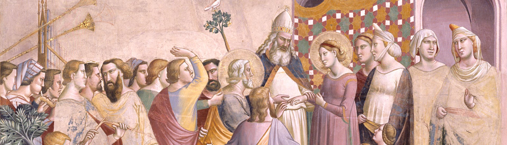 Taddeo Gaddi, “Sposalizio della Vergine”, particolare delle “Storie della Vergine”, 1328-1330 circa, affresco. Firenze, Santa Croce, transetto destro, cappella Baroncelli Taddeo Gaddi, “Sposalizio della Vergine”, particolare delle “Storie della Vergine”, 1328-1330 circa, affresco. Firenze, Santa Croce, transetto destro, cappella Baroncelli