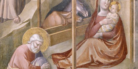 Taddeo Gaddi, Natività, scena delle Storie della Vergine, 1328-1330. Basilica di Santa Croce, transetto destro, cappella Baroncelli Taddeo Gaddi, Natività, scena delle Storie della Vergine, 1328-1330. Basilica di Santa Croce, transetto destro, cappella Baroncelli