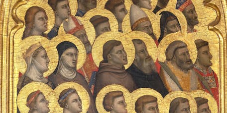 Giotto, "Angeli musicanti e teoria di santi" particolare della “Incoronazione della Vergine tra angeli e santi (Polittico Baroncelli)", dopo il 1328, tempera su tavola. Firenze, Santa Croce, transetto destro, cappella Baroncelli Giotto, "Angeli musicanti e teoria di santi" particolare della “Incoronazione della Vergine tra angeli e santi (Polittico Baroncelli)", dopo il 1328, tempera su tavola. Firenze, Santa Croce, transetto destro, cappella Baroncelli