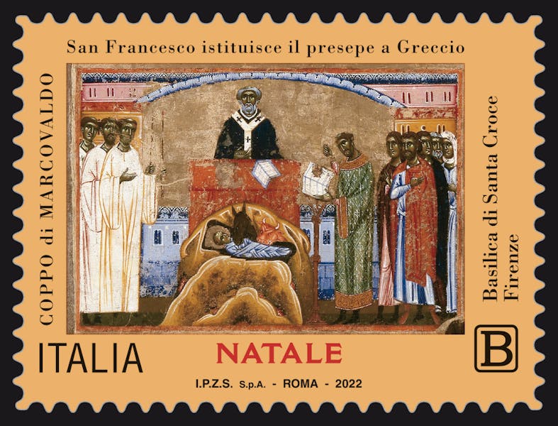 Il francobollo con il presepe di Greccio emesso da Poste Italiane per il Natale 2022 Il francobollo con il presepe di Greccio emesso da Poste Italiane per il Natale 2022