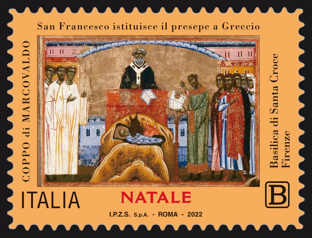 Il francobollo con il presepe di Greccio emesso da Poste Italiane per il Natale 2022 Il francobollo con il presepe di Greccio emesso da Poste Italiane per il Natale 2022