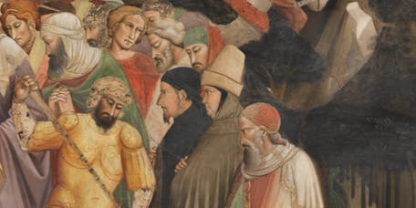 Agnolo Gaddi, "Eraclio riporta la Croce a Gerusalemme", scena della "Leggenda della Vera Croce", 1380-1390, affresco. Firenze, Santa Croce, cappella Maggiore Agnolo Gaddi, "Eraclio riporta la Croce a Gerusalemme", scena della "Leggenda della Vera Croce", 1380-1390, affresco. Firenze, Santa Croce, cappella Maggiore