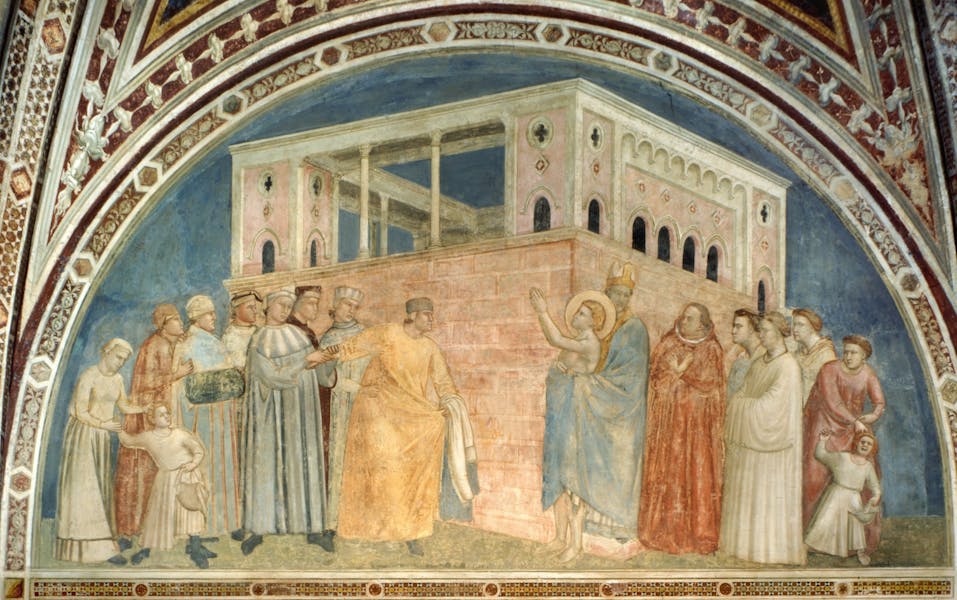 St. Francis renounces his father's possessions, and discards his clothing in front of Bishop Guido and Father Bernardone St. Francis renounces his father's possessions, and discards his clothing in front of Bishop Guido and Father Bernardone