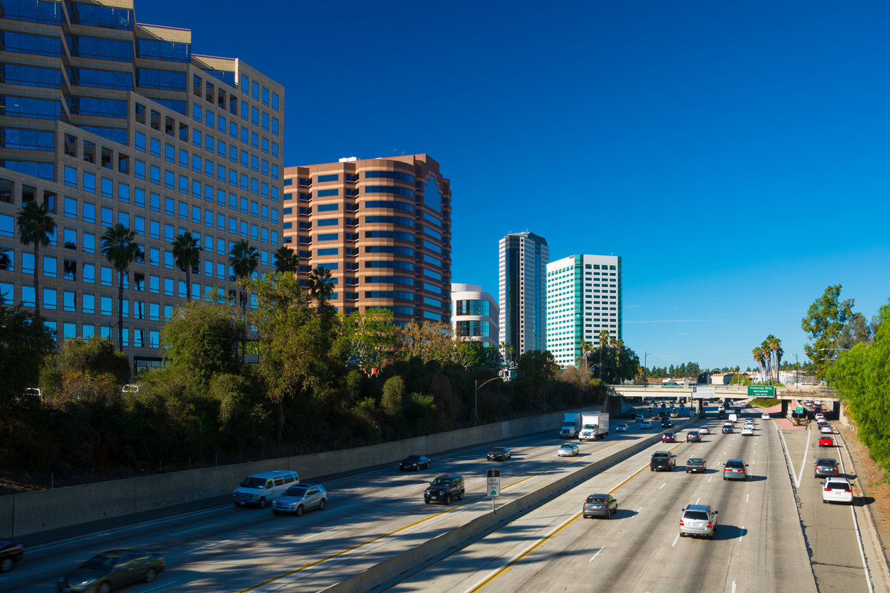 Los Angeles freeway with buildings on the left side