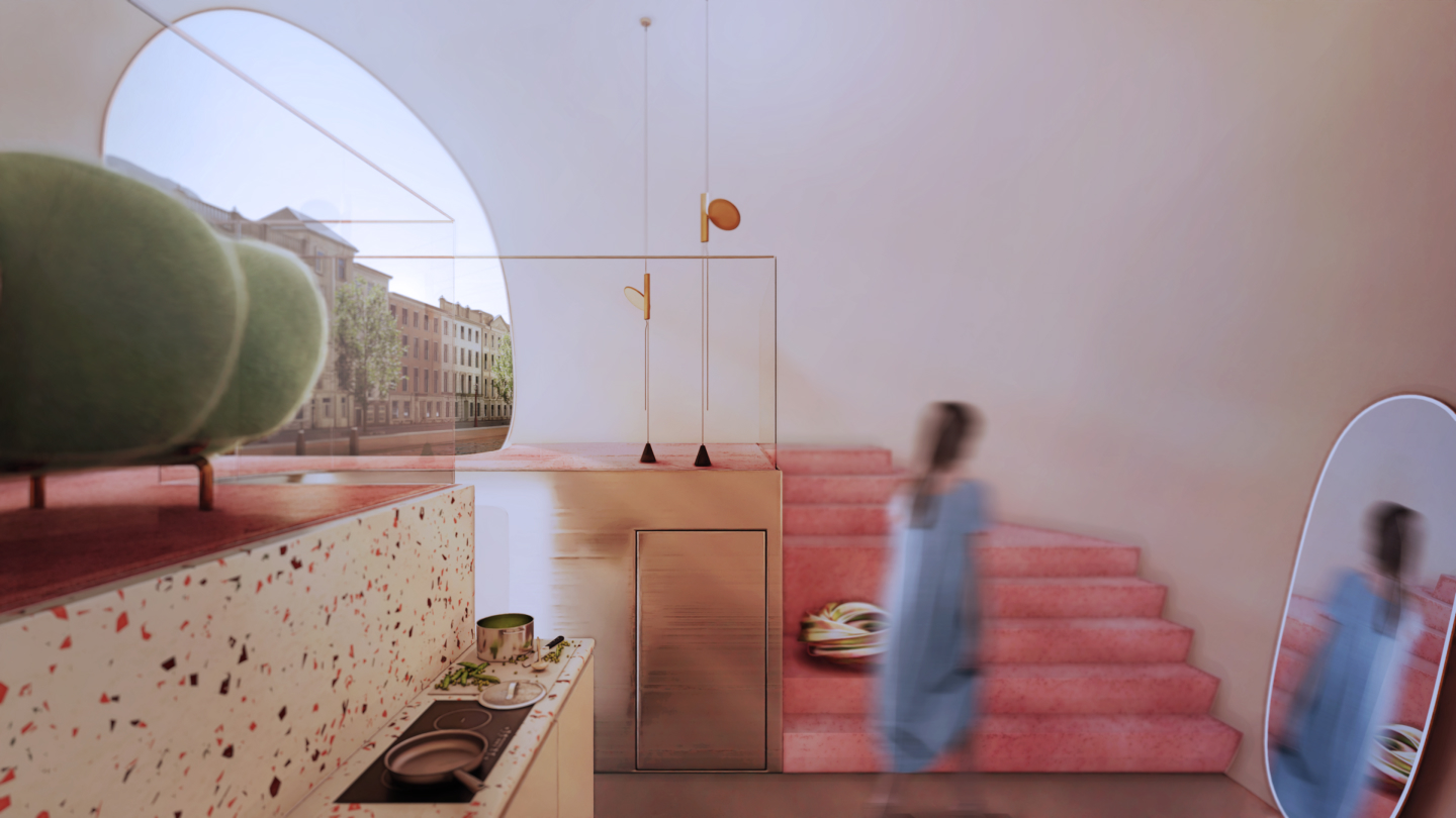 Interior of urban living pod, pastel colors