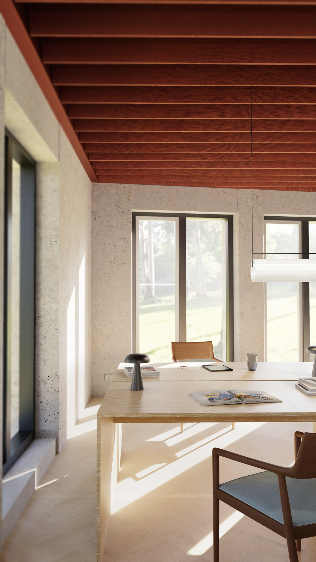 Zcorner desk and red wooden ceiling