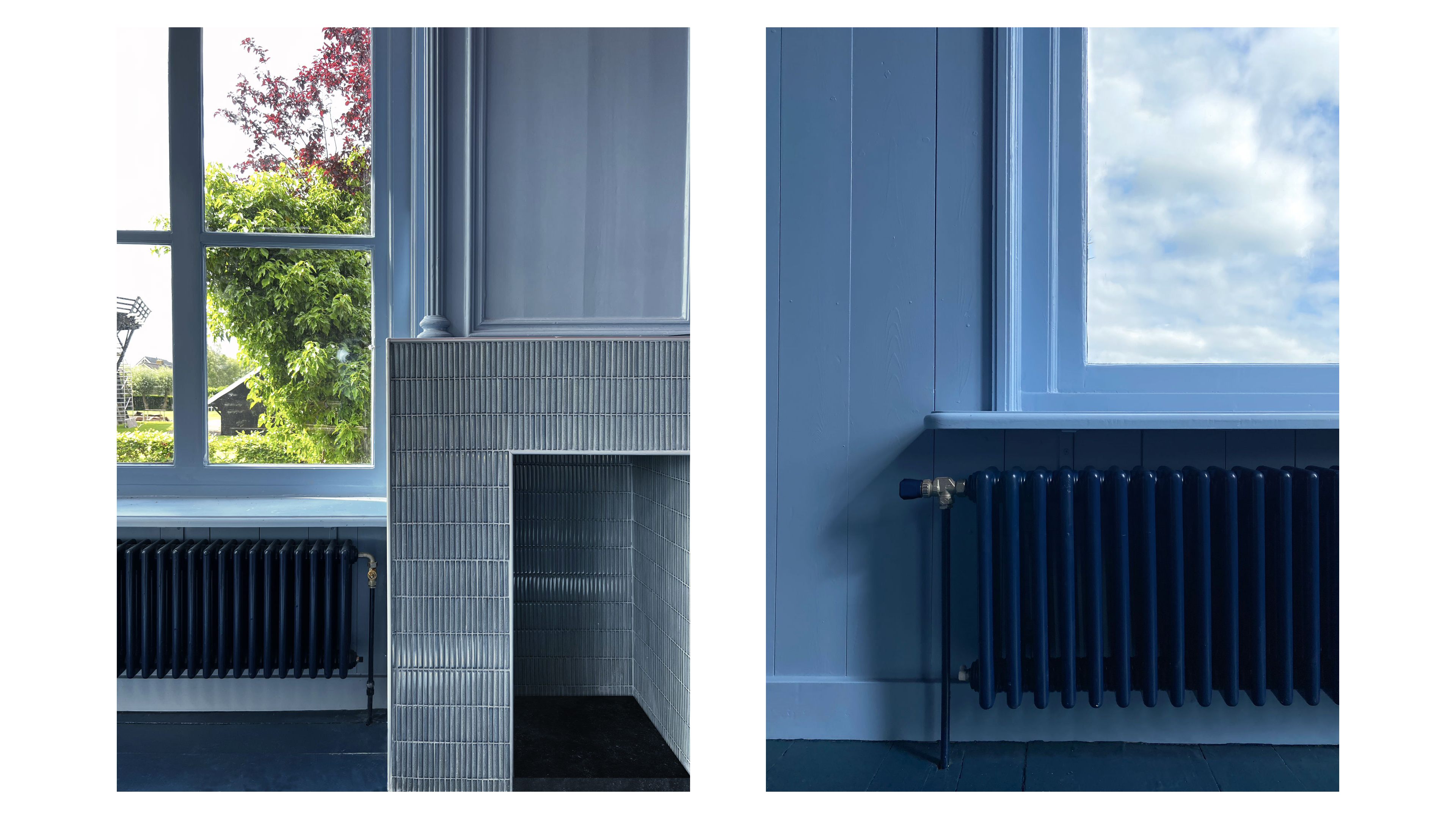 blue interior, view of blue tiled fireplace