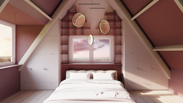 custom soft pink closet in attic with pink clouds view