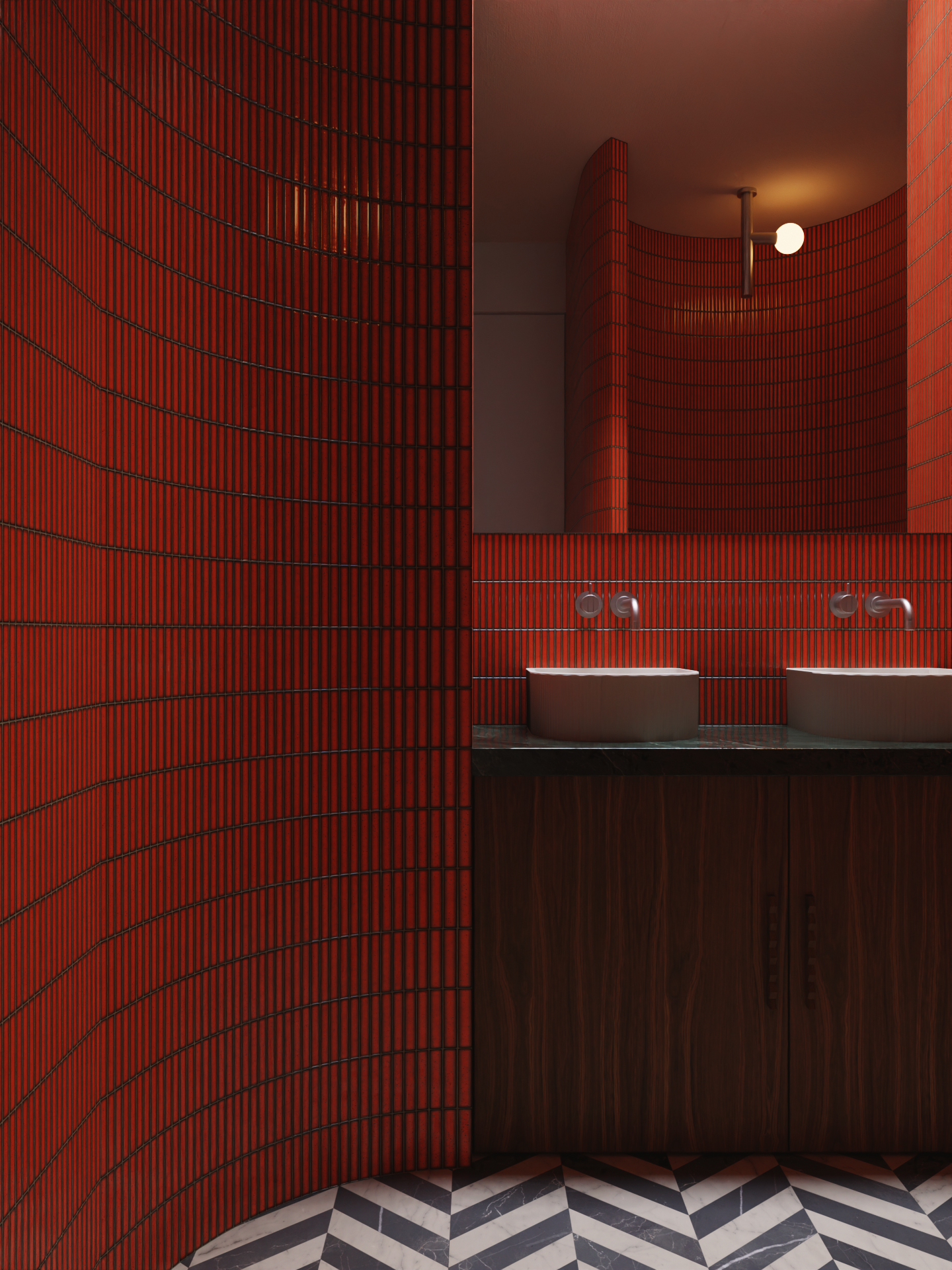 Visual of bathroom with curved walls and red tiles