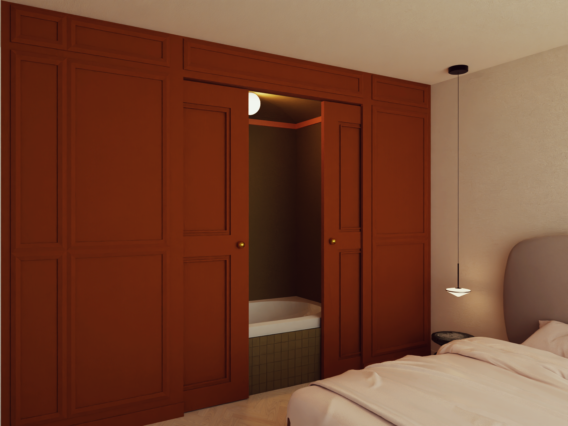 Visual of bedroom with bath in red closet