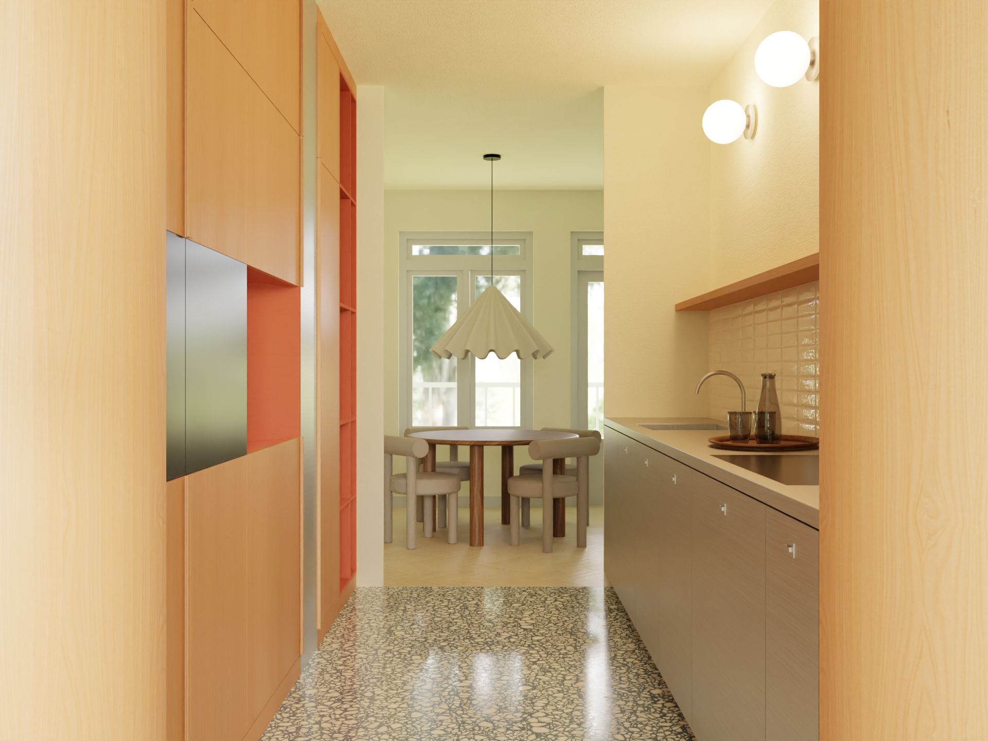 Visual of kitchen with dining table in backround