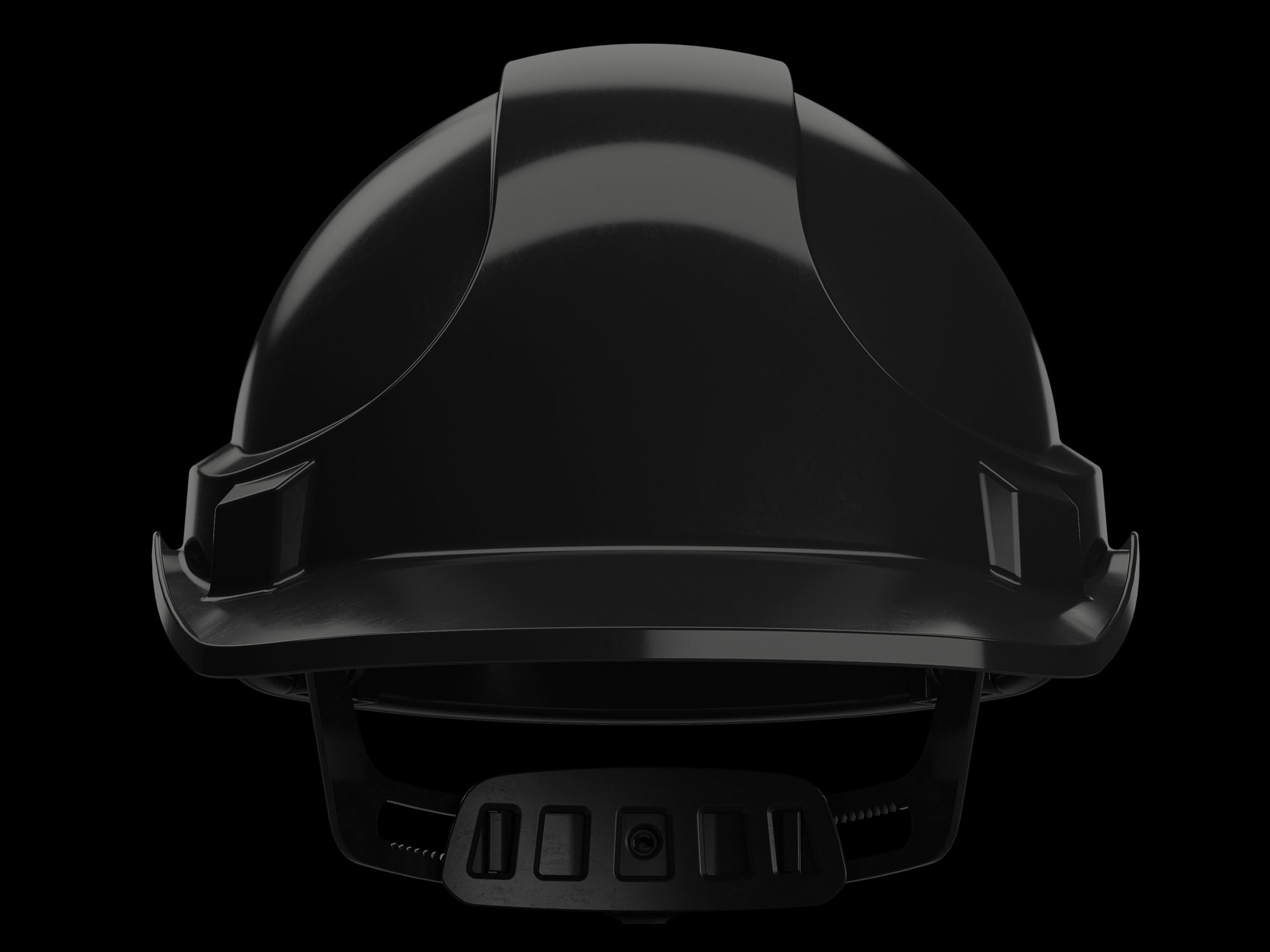 Front view of a protective safety helmet on a dark background.