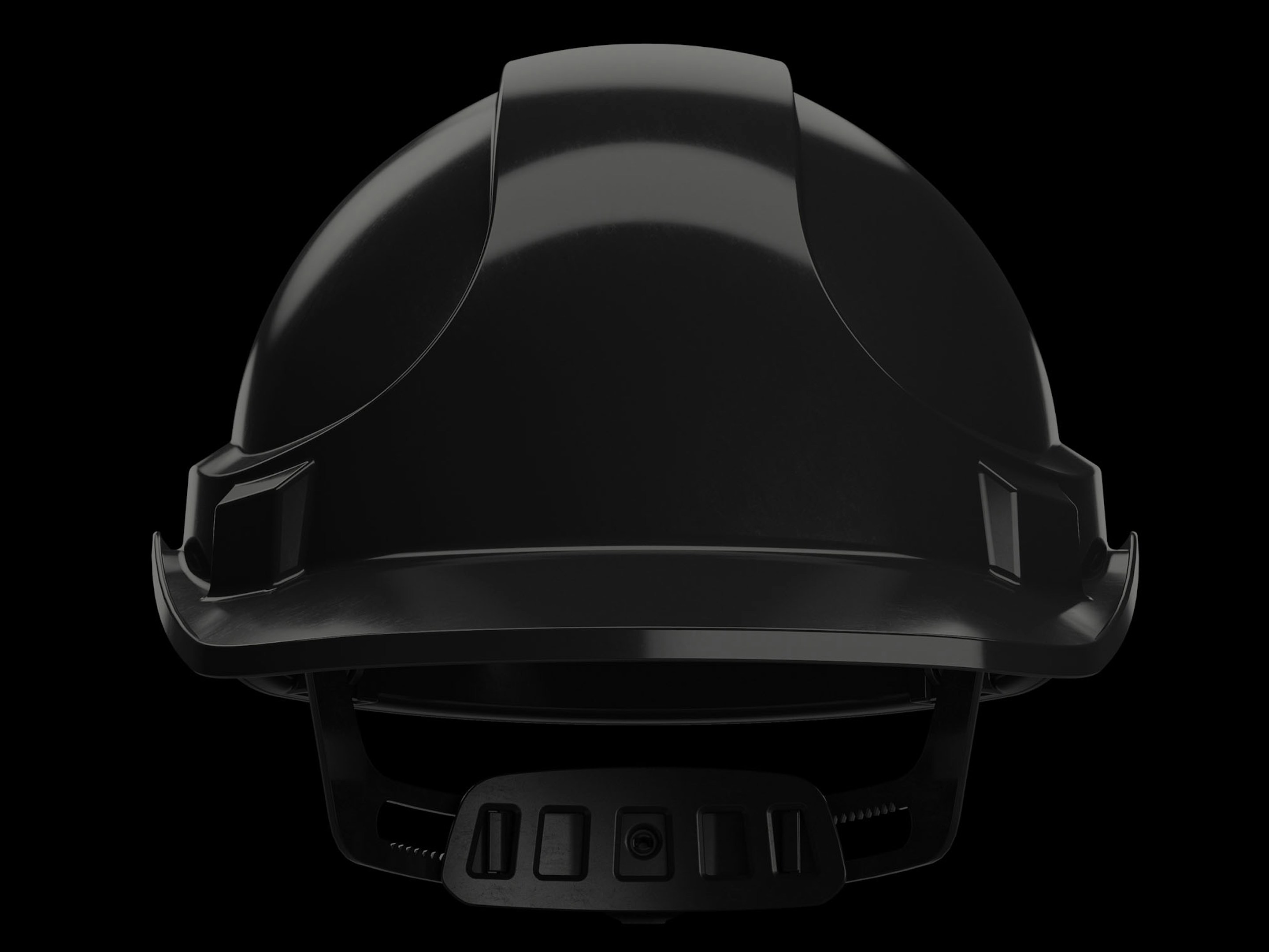 Front view of a protective safety helmet on a dark background.