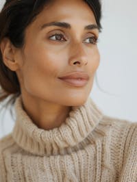 model in beige sweater