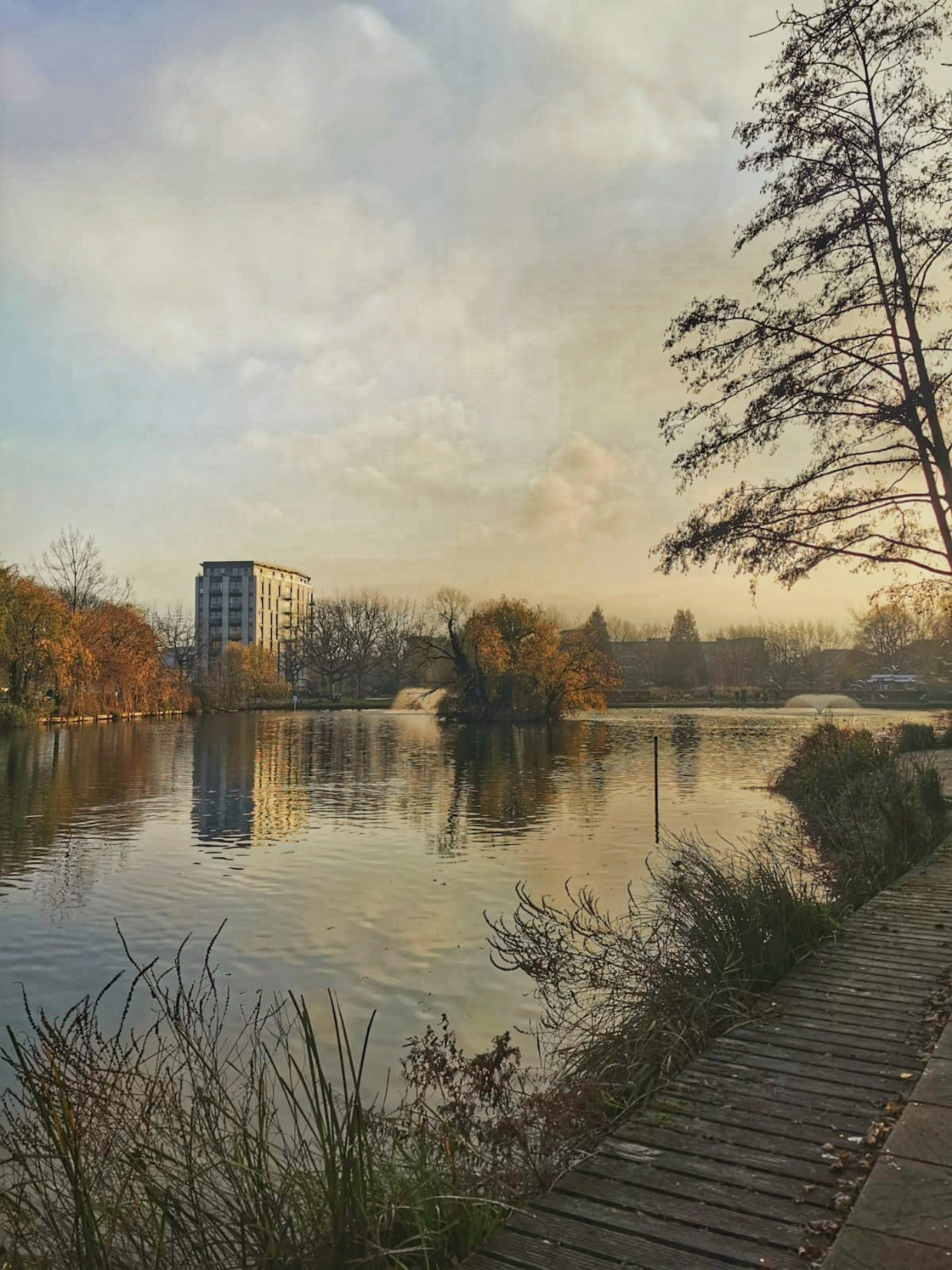 Autumn view of a lake with a tower block in the distance