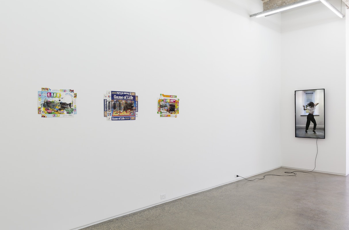 Installation view of Remedy for the Doldrums, 2020, featuring work by Simon Denny and Sophie Hyde.