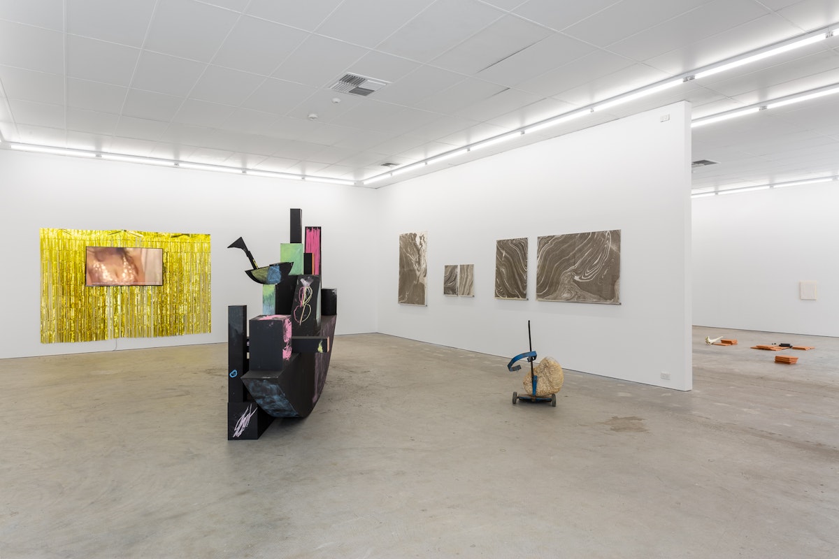 Installation view of Gertrude Studios 2019, featuring work by Georgia Banks, Mikala Dwyer and Joseph L. Griffiths at Gertrude Contemporary. Photo: Christo Crocker.