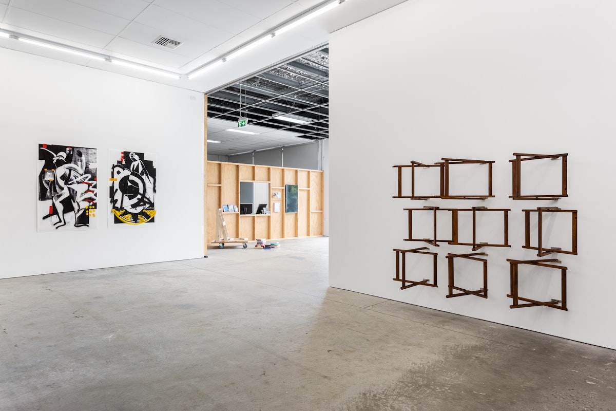 Installation view of Gertrude Studios 2019, featuring work by Georgina Cue, Spiros Panigirakis and James Nguyen at Gertrude Contemporary. Photo: Christo Crocker.