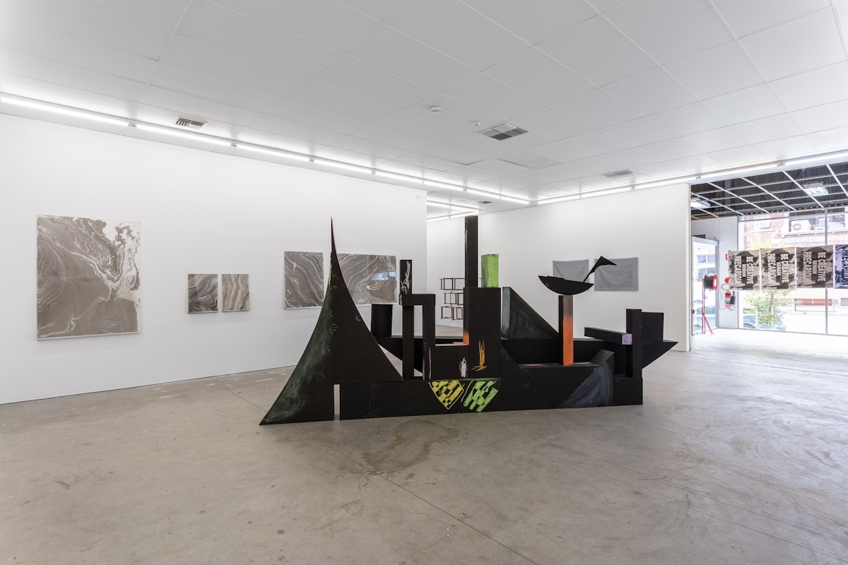 Installation view of Gertrude Studios 2019, featuring work by Joseph L. Griffiths, Mikala Dwyer, Eugenia Lim and Kay Abude at Gertrude Contemporary. Photo: Christo Crocker.
