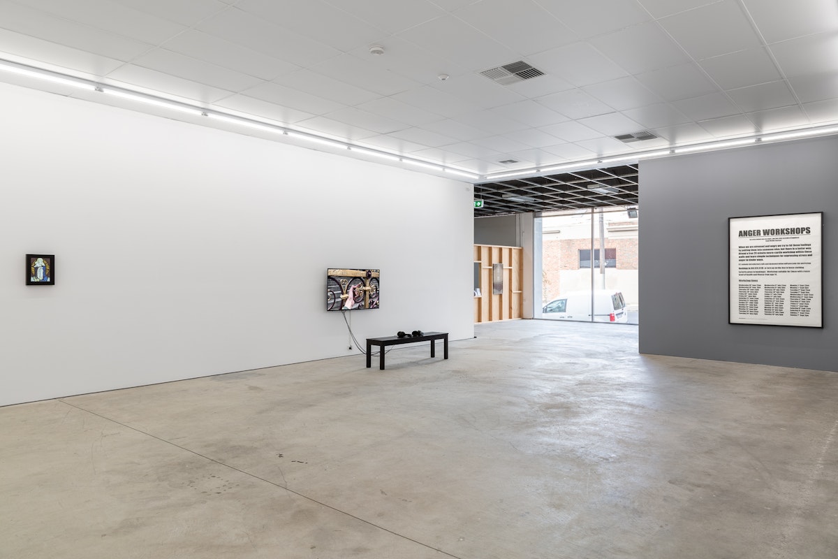 Installation view of Great Movements of Feeling, 2018, curated by Zara Sigglekow, featuring work by Sriwhana Spong and Stuart Ringholt at Gertrude Contemporary. Photo: Christo Crocker. 