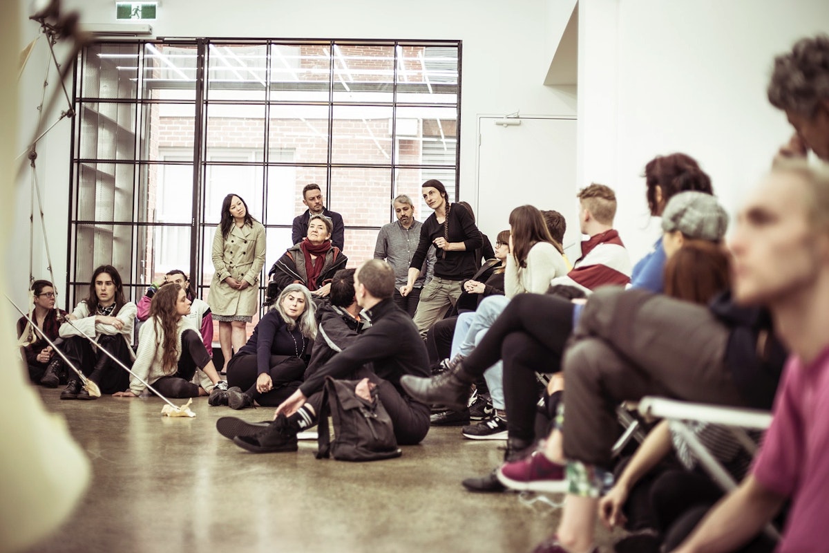 Visitors at the performance of [...]{...}[...], 2016, at Gertrude Glasshouse. Photo:Pippa Samaya