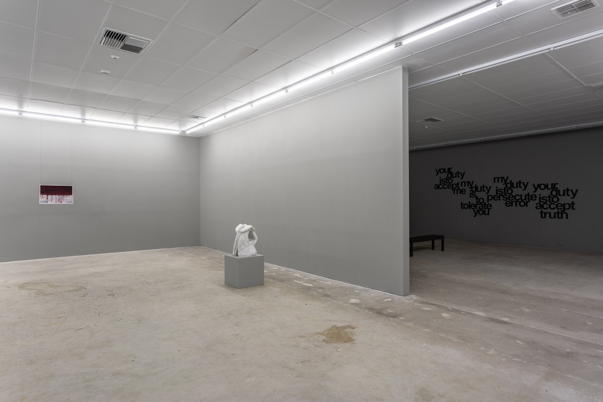Installation view of Hope Dies Last: Art at the End of Optimism, 2019, curated by Mark Feary, featuring work by Myuran Sukumaran, Alex Seton and Vernon Ah Kee at Gertrude Contemporary. Photo: Christo Crocker 