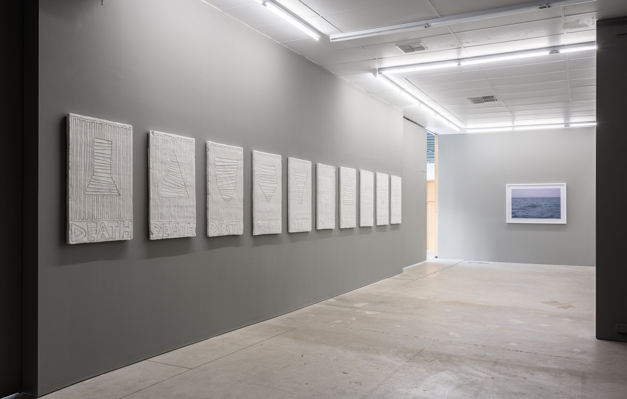 Installation view of Hope Dies Last: Art at the End of Optimism, 2019, curated by Mark Feary, featuring work by Andrew Liversidge and Todd McMillan at Gertrude Contemporary. Photo: Christo Crocker 