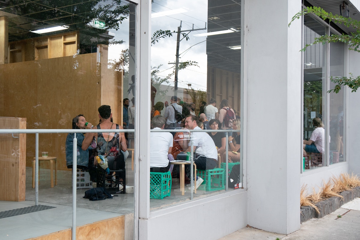 Visitors at the opening of Amrita Hepi, Monumental, 2021, at Gertrude Contemporary. Photo: Machiko Abe.